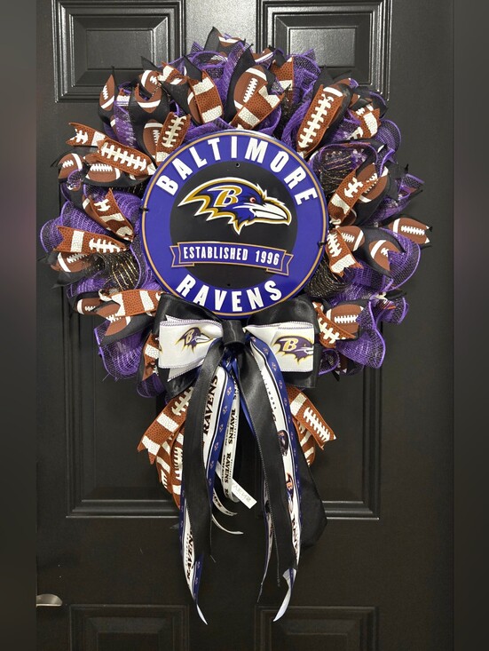Hand Crafted Other - Large NFL Baltimore Ravens Football Wreath - Licensed Ribbons And Sign